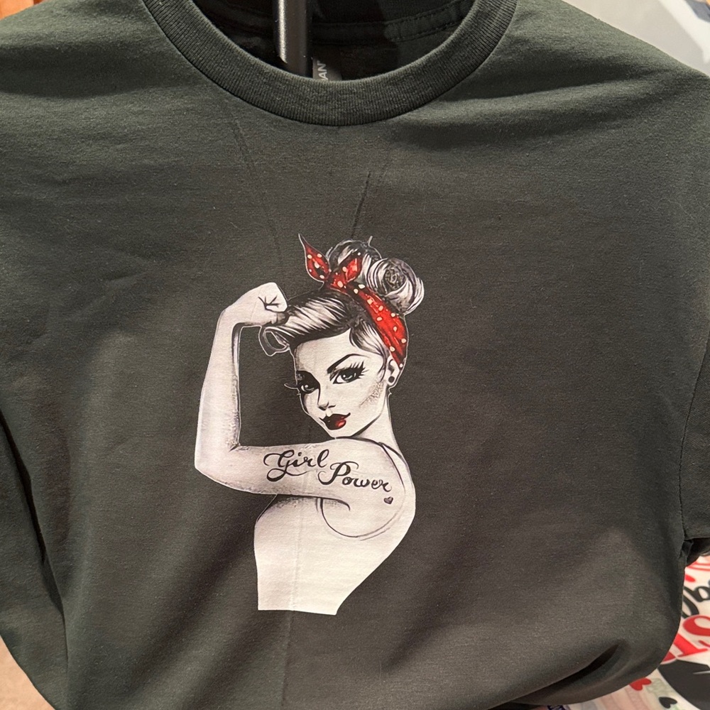 Gildan Dark Green 'Girl Power' Graphic Tee with Red Accent